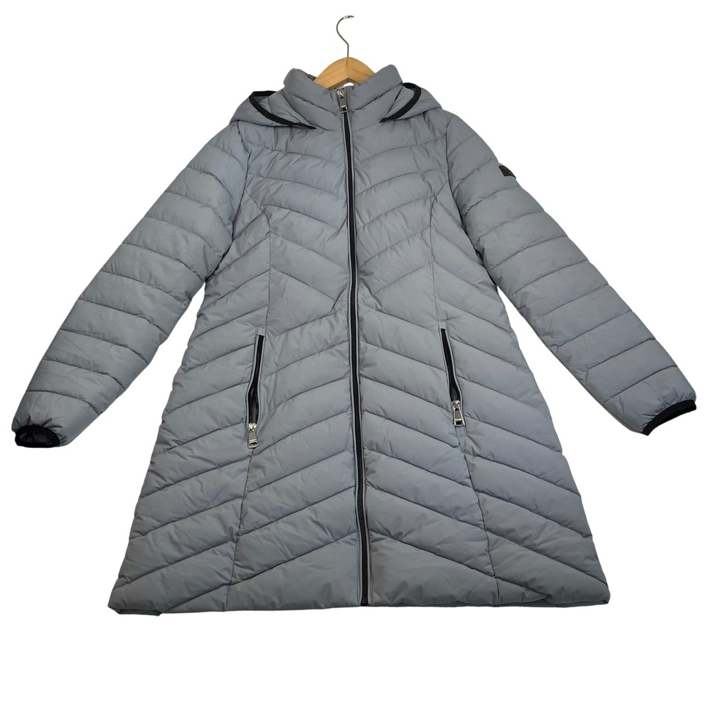 DKNY Womens Gray Chevron Quilted Hooded Puffer Parka Jacket Size Medium